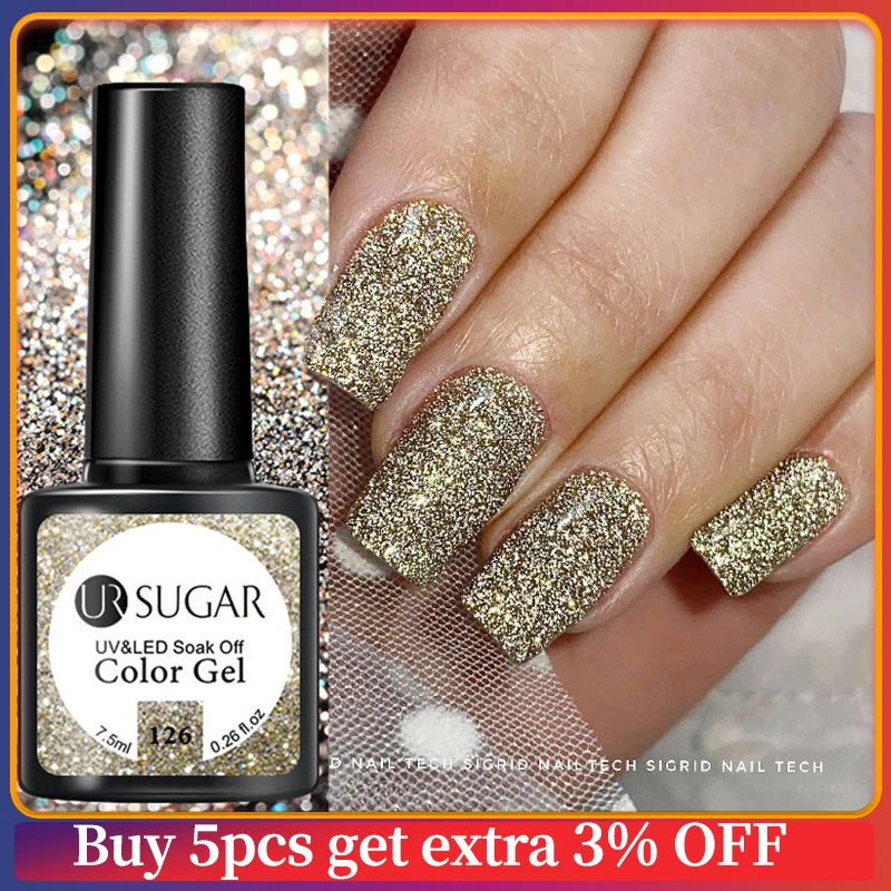 7.5Ml Champagne Gold Reflective Gel Nail Polish Bright Sparkling Glitter French Semi Permanent Nail Painting UV Gel