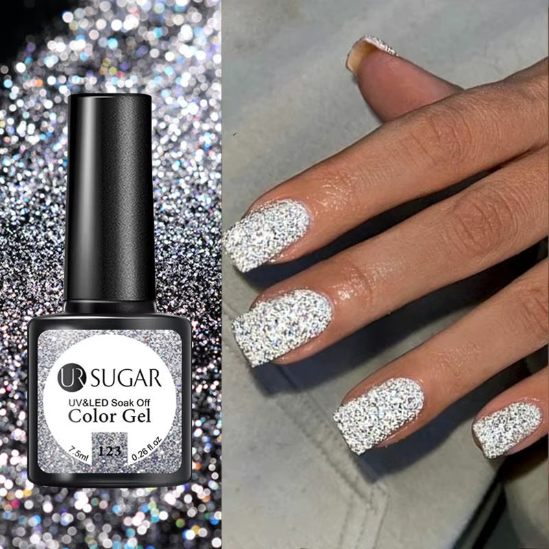 7.5Ml Champagne Gold Reflective Gel Nail Polish Bright Sparkling Glitter French Semi Permanent Nail Painting UV Gel