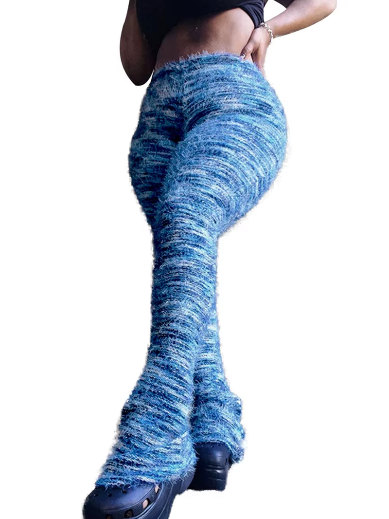 Women's Fuzzy Flare Pants 2024 Winter Collection - High Waist Stacked Fur Leggings for Fashionable Casual and Club Wear