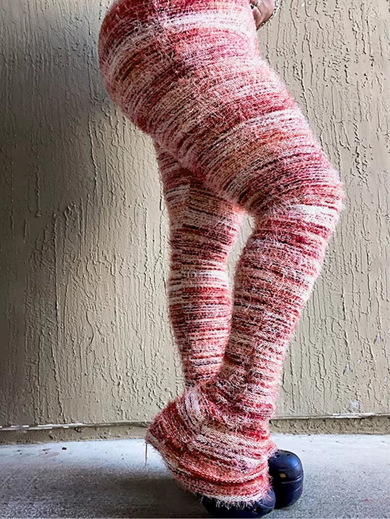 Women's Fuzzy Flare Pants 2024 Winter Collection - High Waist Stacked Fur Leggings for Fashionable Casual and Club Wear