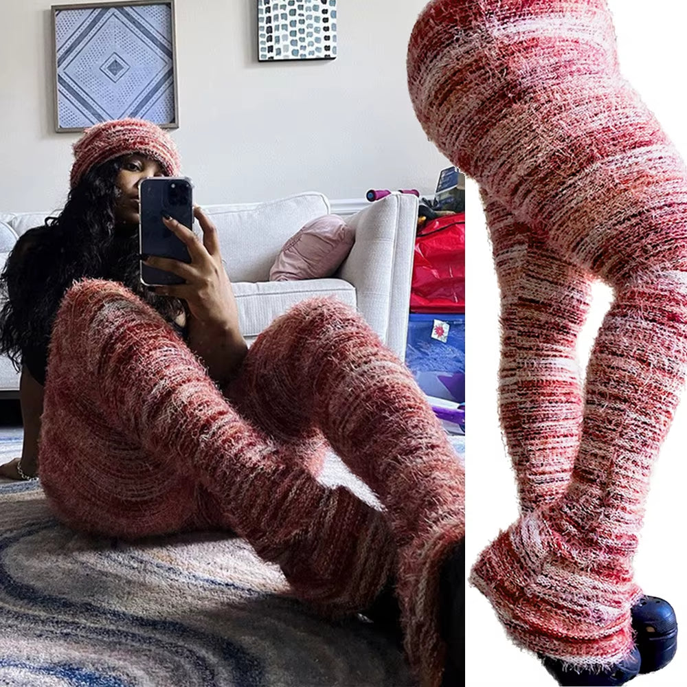 Women's Fuzzy Flare Pants 2024 Winter Collection - High Waist Stacked Fur Leggings for Fashionable Casual and Club Wear
